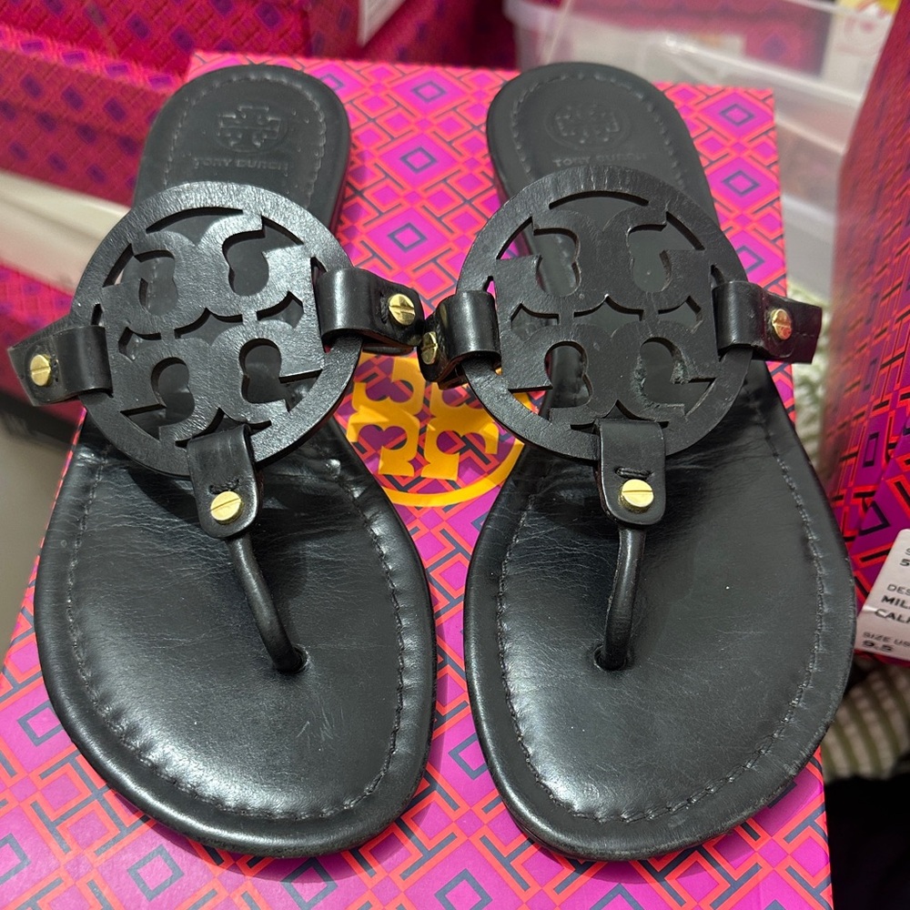 Tory Burch Black Leather Miller Thong Sandals with Gold Studs